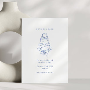 Reserve A Data Bolo de Casamento Minimalista com Doodle Azul Fran