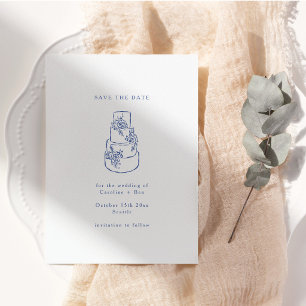 Reserve A Data Bolo de Casamento Minimalista com Floral Azul Bran