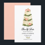 Reserve A Data Bolo Empilhado Rústico Aquarela<br><div class="desc">Anúncio de Salve a Data do Bolo Empilhado Rústico Aquarela. Celebre com este cartão de salve a data personalizável com ilustração de aquarela de um bolo de três andares com peônias rosadas e acentos de folhagens. Perfeito para casamentos de primavera e outono.</div>