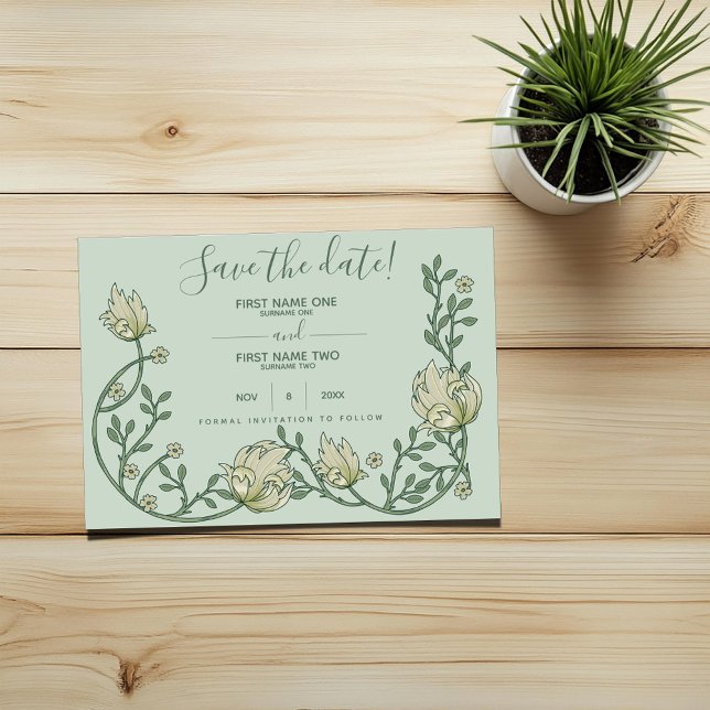 Reserve A Data Bonito arte nouveau flores verdes salvar a data (Green art nouveau wedding save the date card with cream pretty flowers)