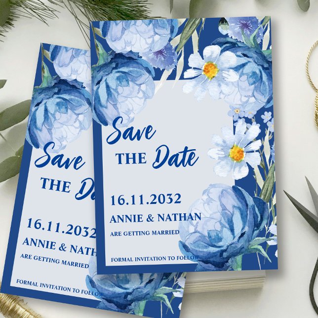 Reserve A Data Bonito Blue Florals Trendy Weding Date (Pretty Blue Florals Trendy Wedding Save the Date Invitation)