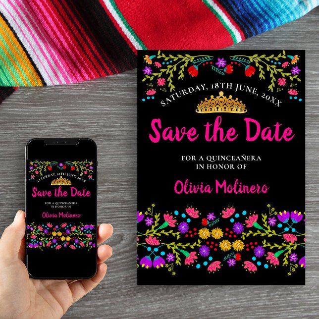 Reserve A Data Bonito mexicano Fiesta Floral Dourada Tiara Preto  (Save the Date with gold tiara and mexican fiesta floral design. Order Printed or printable download.)