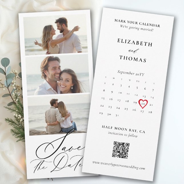 Reserve A Data Bookmark Calendar Heart Photo Strip Modern Wedding (bookmark wedding save the date card photo qr code calendar red heart modern photobooth strip)