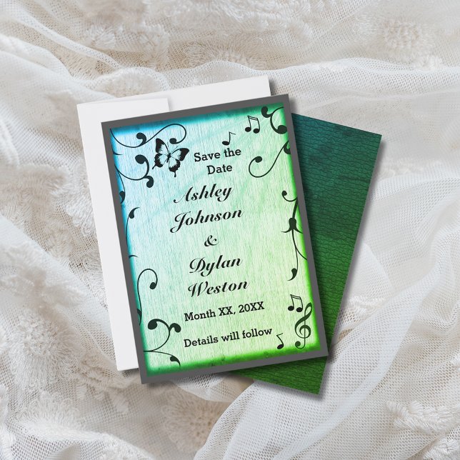 Reserve A Data Borboleta de Música Folhas Painel de Madeira Verde (Music Butterfly Leaves Green Wood Wedding Save The Date)