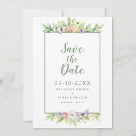 Reserve A Data Borboleta Floral de Watercolor Verde de Casamento