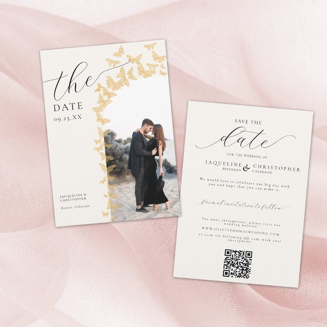 Reserve A Data Borboletas Douradas Boho Foto Arch Código QR Casam (gold butterflies boho arch photo wedding save-the-date qr code elegant modern romantic whimsical)