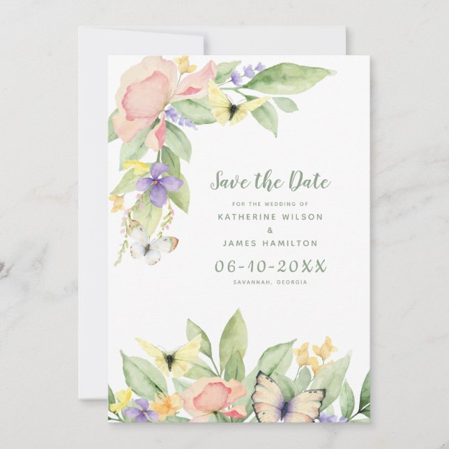 Reserve A Data Borboletas em Aquarela Flora Salvia Verde (Frente)