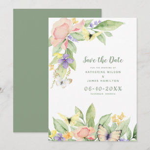 Reserve A Data Borboletas Florais em Aquarela Verde Salvia