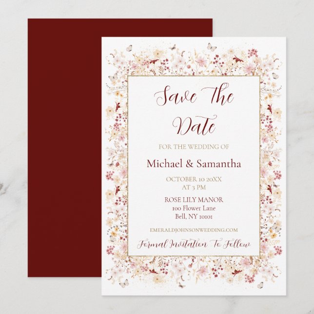 Reserve A Data Bordô e Bege Flores Silvestres Casamento (Frente/Verso)