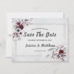 Reserve A Data Bordô Escuro Cinza Prata Floral Aquarela Personali