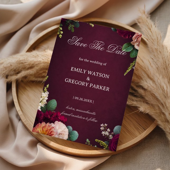 Reserve A Data Bordô Floral Elegante (Criador carregado)