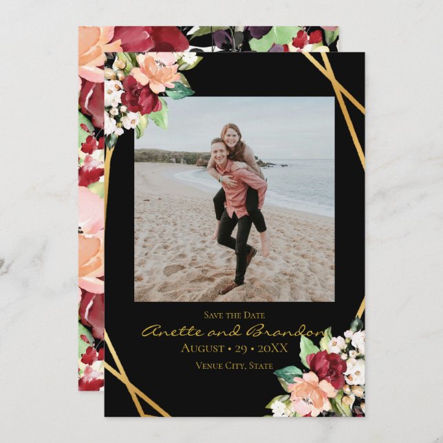 Reserve A Data Borgonha Geométrica Dourada Elegante Preta (Frente/Verso)