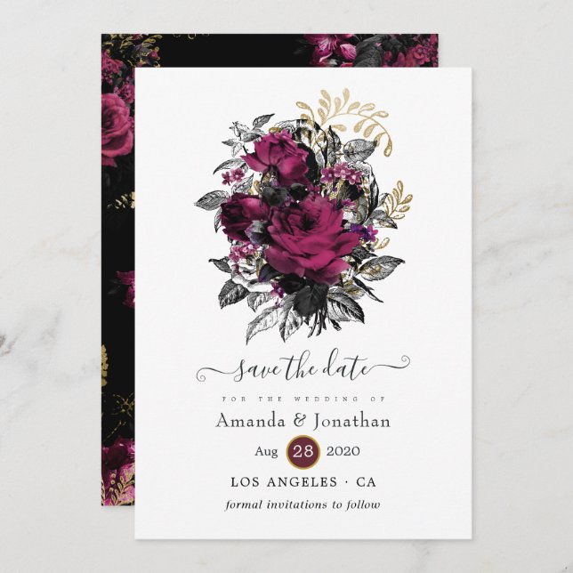 Reserve A Data Borgonha - Marsala e Dourado Casamento Floral (Frente/Verso)