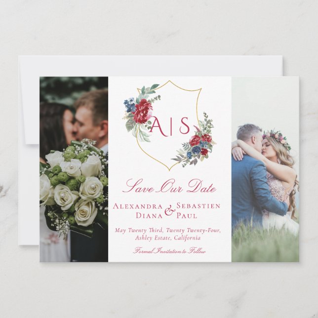 Reserve A Data Botânica Floral Crest 3 Fotocolagem Monograma (Frente)