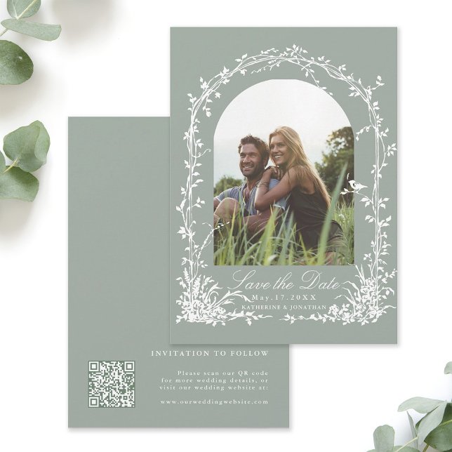 Reserve A Data Botanical Arch Garden Sage Green Wedding Photo  (Front & Back)