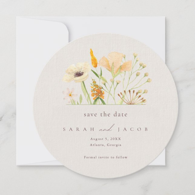 Reserve A Data Botânico de Flores Silvestres Simples para Casamen (Frente)
