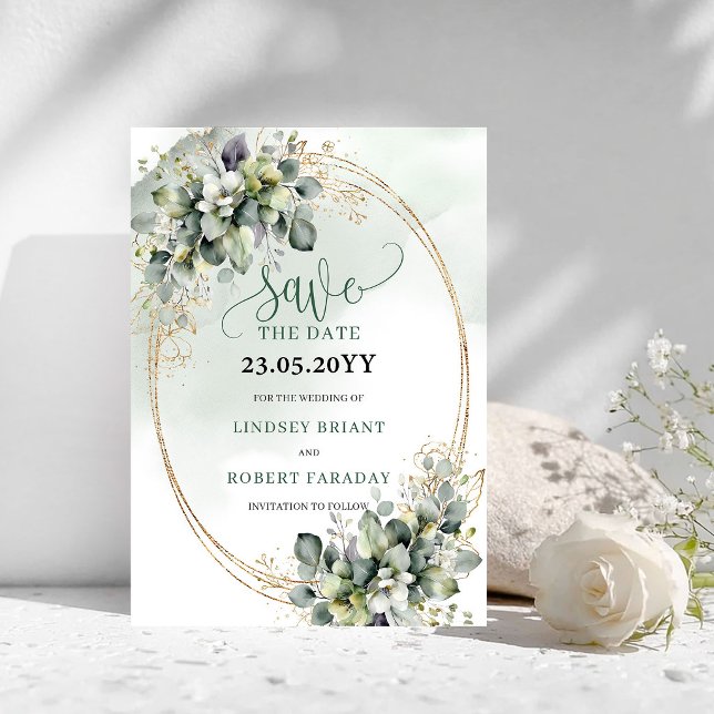 Reserve A Data Botânico Verde Branco Dourado Salve A Data (Botanical Green White Gold Save The Date)