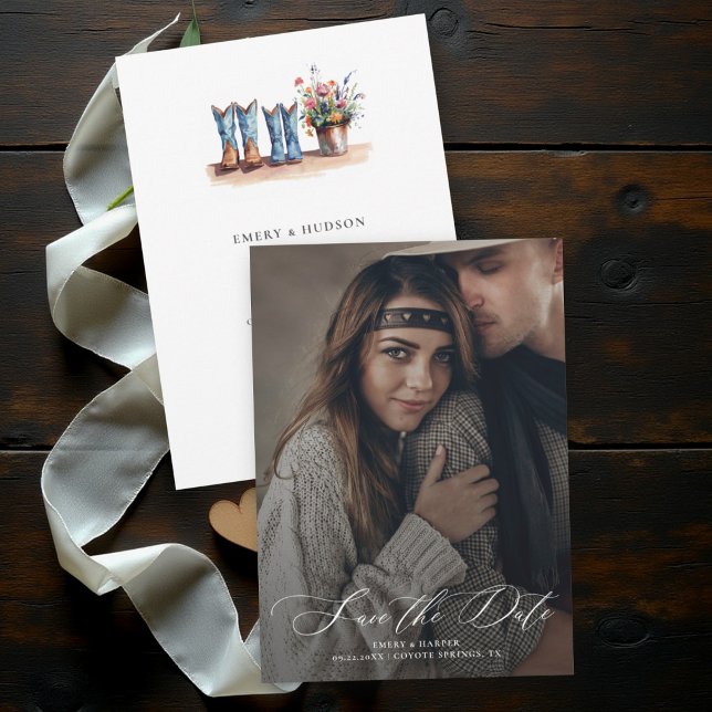 Reserve A Data Botas de Flores Silvestres Country Foto Casamento  (rustic wedding save the date cowboy boots wildflowers floral barn country outdoor backyard photo)