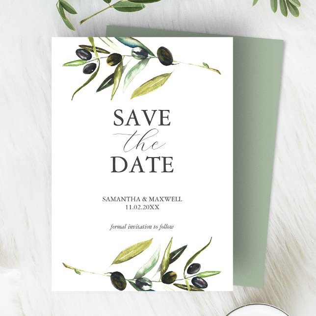 Reserve A Data Branch De Azeitona Moderna Salva A Data (wedding save the date botanical watercolor olive branch)