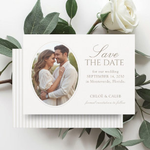 Reserve A Data Branco & Areia Foto Oval com Listras de Casament