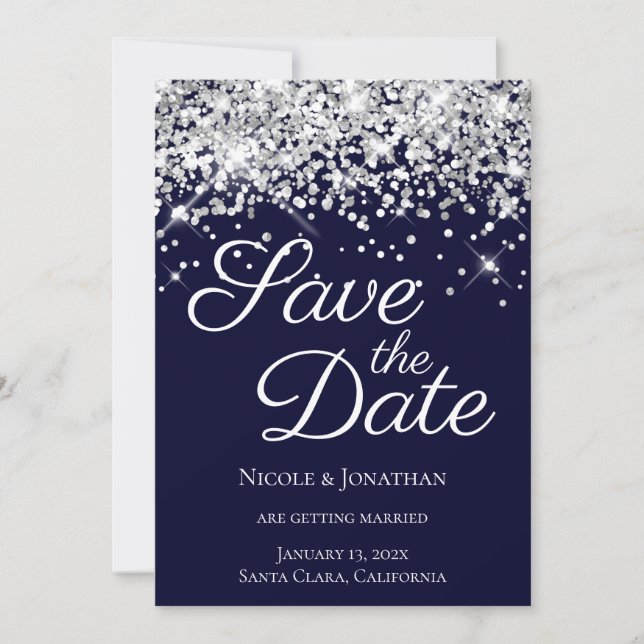 Reserve A Data Brilhante Glitter Prateado Caligrafia Elegante Azu (Frente)