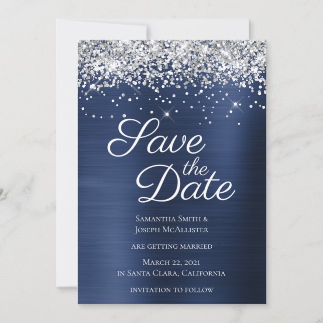 Reserve A Data Brilho Prateado Glitter Azul Naval Ombre Foil (Frente)