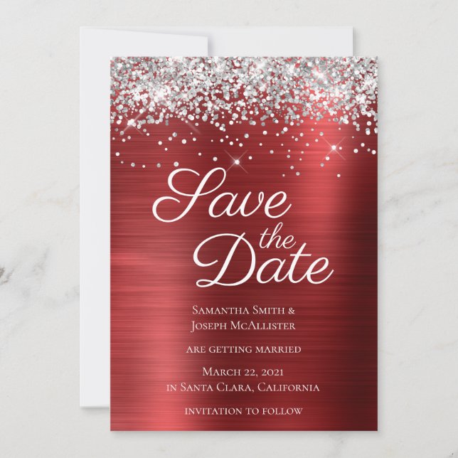Reserve A Data Brilho Prateado Glitter Vermelho Rubi Ombre Foil (Frente)