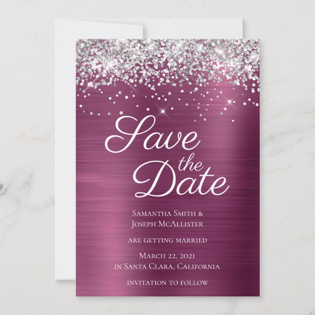 Reserve A Data Brilho Prateado Glitter Vinho Foil Ombre (Frente)