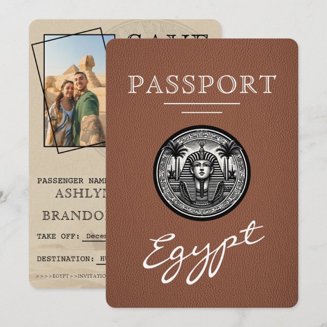 Reserve A Data Brown Egypt Passport Wedding Save the Date (Frente/Verso)