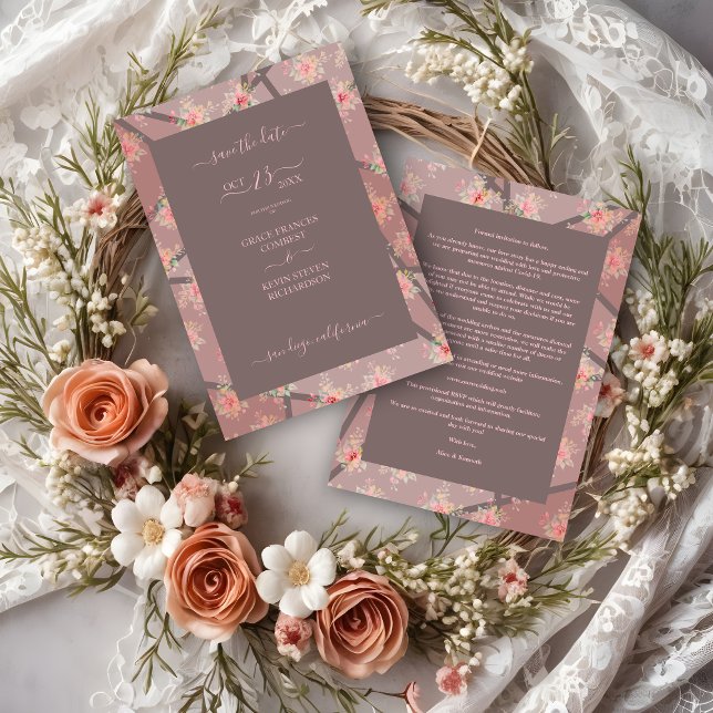 Reserve A Data Brown Romantic Floral Stained Glass Effect (Brown Romantic Floral Stained Glass Effect Save the Date Card with Envelope. )