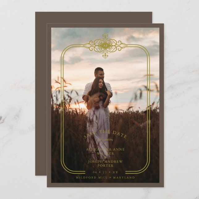 Reserve A Data Brown Trendy Lace Flourish Initials Wedding Photo (Frente/Verso)