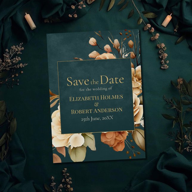 Reserve A Data Bruxa da Floresta de Verão Turquesa Salvar a Data (Summer Forest Witch Teal Save the Date on a teal witchy wedding table with dry botanicals)