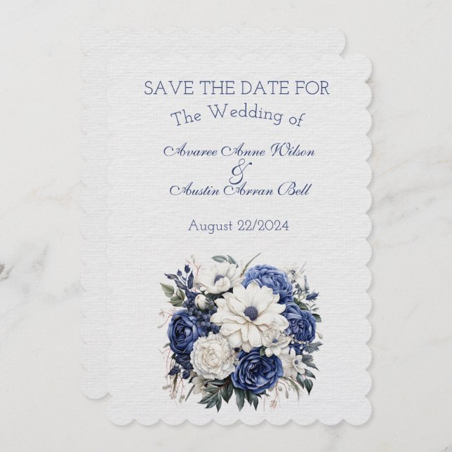Reserve A Data Buquê de Casamento Floral Azul e Branco (Frente/Verso)