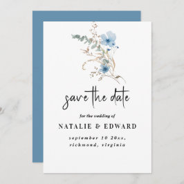 Reserve A Data buquê de flores em aquarela azul empoeirado rústic