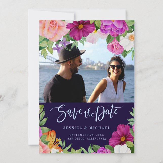 Reserve A Data Buquês Ricos Rosa Púrpura Foto de Casamento Floral (Frente)