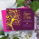 Reserve A Data Burgundy Bat Mitzvah, Dourada árvore de folhas ros<br><div class="desc">Certifique-se de que todos os seus amigos e parentes serão capazes de celebrar o marco da sua filha Bat Mitzvah! Envie esta estonteante e esfarrapada folha de ouro com cor-de-rosa cintilante, laranja e Estrela vermelha de David e "folhas" pontiagudas sobre um fundo roxo rico, personalizado cartão de anúncio "Salve a...</div>