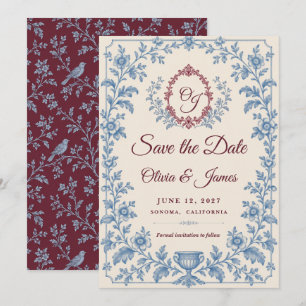 Reserve A Data Burgundy Blue Toile Monogram Casamento Save the Da