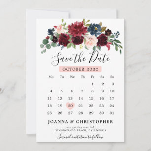 Reserve A Data Burgundy Blush Azul Marinho Botânico Floral Boho
