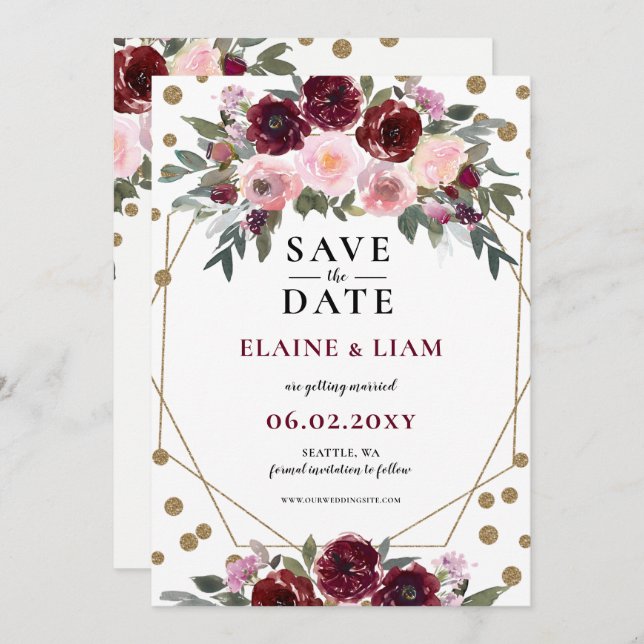 Reserve A Data Burgundy Blush Dourado Floral Monograma Casamento  (Frente/Verso)