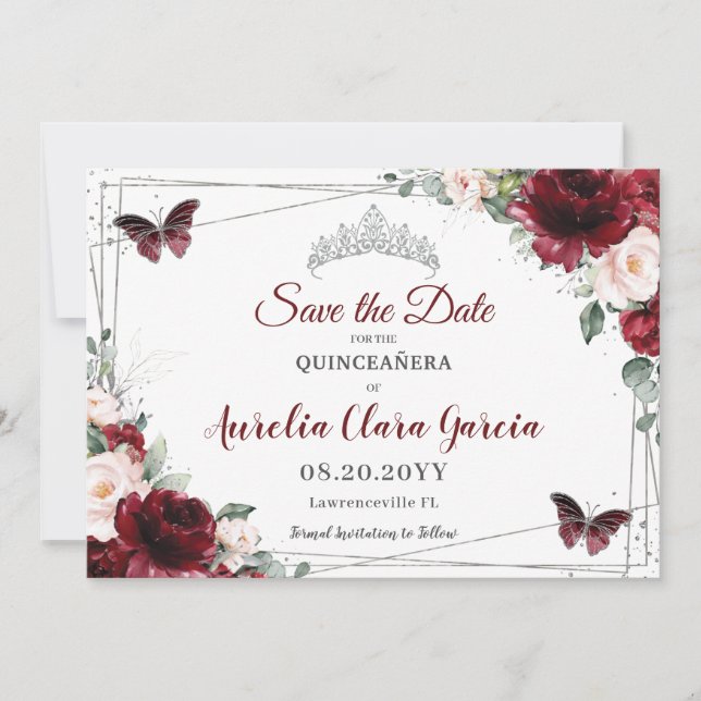 Reserve A Data Burgundy Blush Floral Coroa Quinceañera 3 Fotos (Frente)