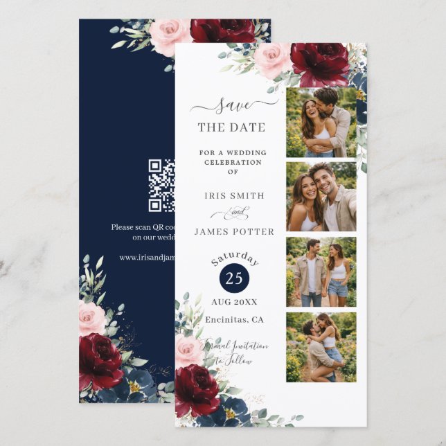 Reserve A Data Burgundy Blush Navy Floral Photo Booth Wedding QR  (Frente/Verso)