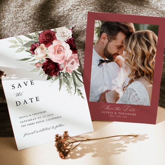 Reserve A Data Burgundy Blush Pink Floral Wedding Photo (Burgundy blush pink floral photo save the date card wedding invitation rose stationery couple photo)