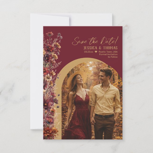 Reserve A Data Burgundy Boho Chic Wildflowers Arch Photo Wedding (Frente)