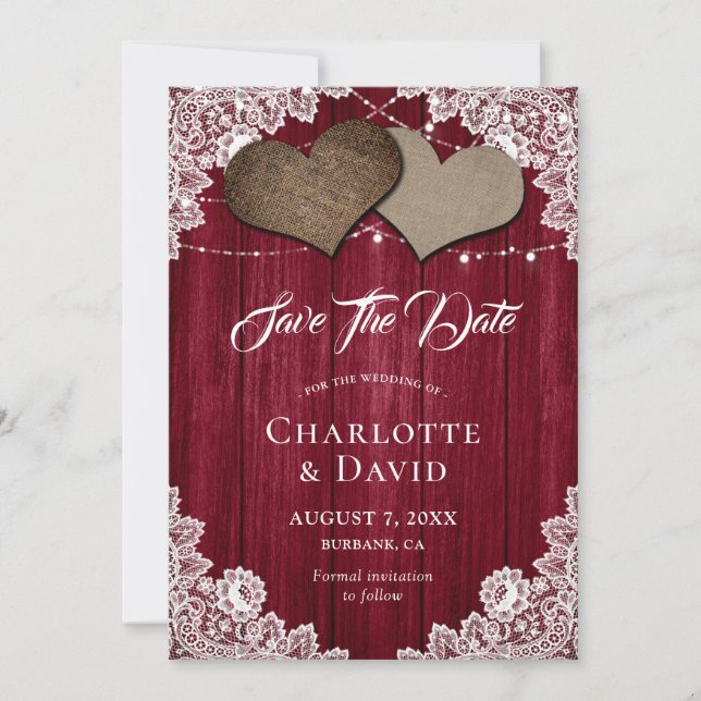 Reserve A Data Burgundy Burlap Lace Weding The Date Card (Frente)