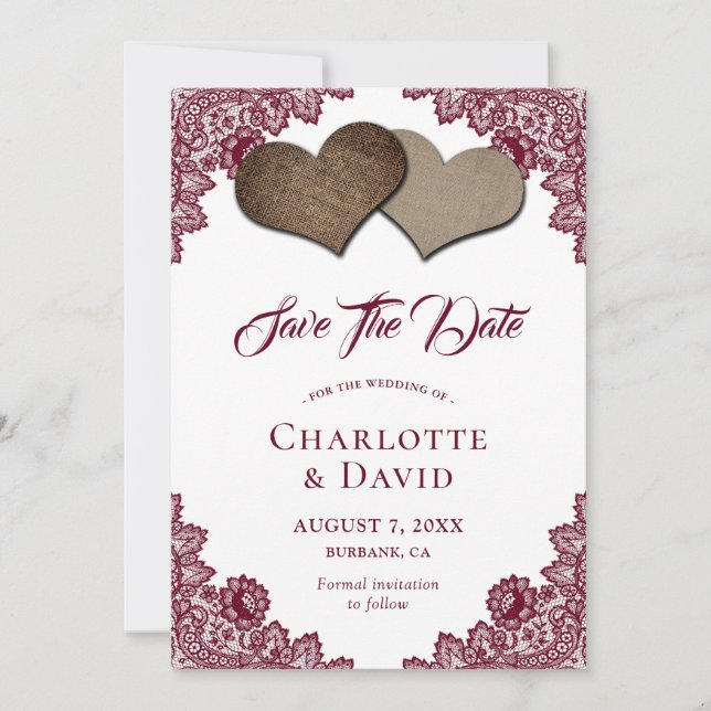 Reserve A Data Burgundy Burlap Lace Weding The Date Card (Frente)