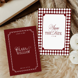 Reserve A Data Burgundy Checkered Old Money Wedding Save The Date