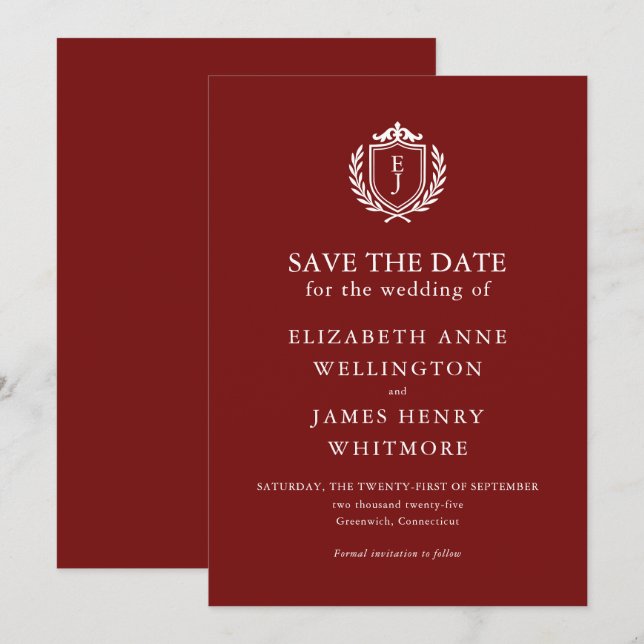 Reserve A Data Burgundy Crest Wedding Custom Initials (Frente/Verso)