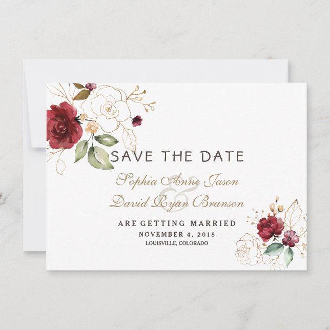 Reserve A Data Burgundy Dourado Floral Casamento Save The Date (Frente)