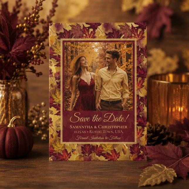 Reserve A Data Burgundy & Dourado Folhas de Outono & Casamento de (Criador carregado)