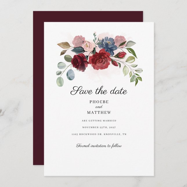 Reserve A Data Burgundy Floral Botanical Modern Salve A Data (Frente/Verso)